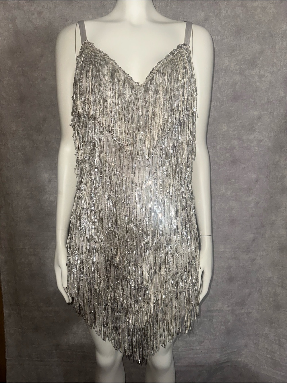 Amazing Lace Silver Fringe Sequin V-Neck Mini Dress